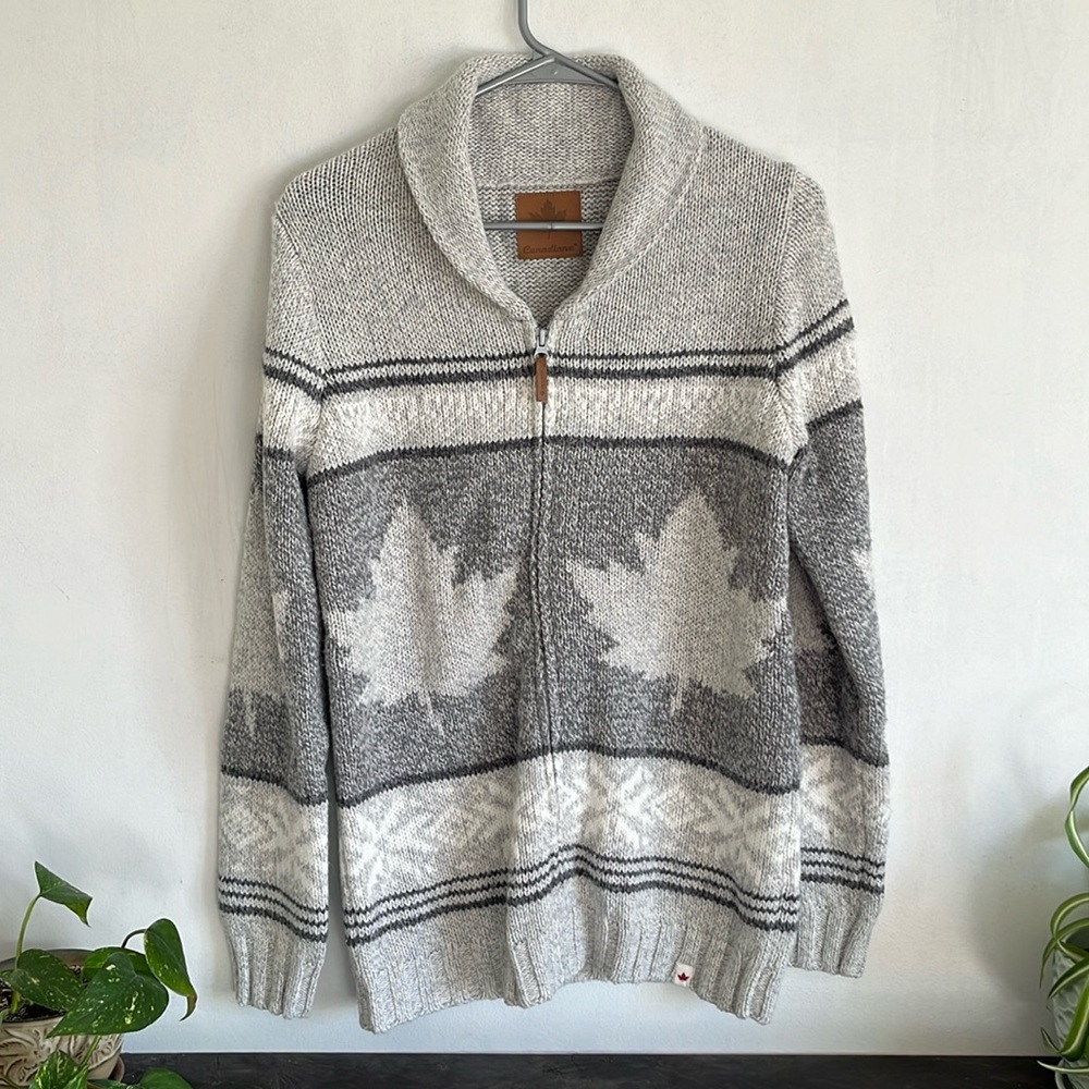 Canadiana grey wool zip up jacket in size medium